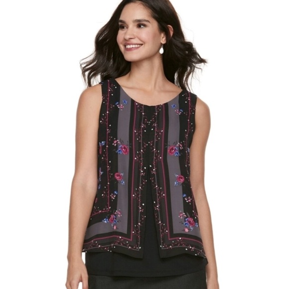 Elle Black Floral Sleeveless Split Front Tank Top size XS - Picture 1 of 9
